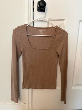 American Eagle Outfitters Long Sleeve Square Neck Knit Top in Taupe